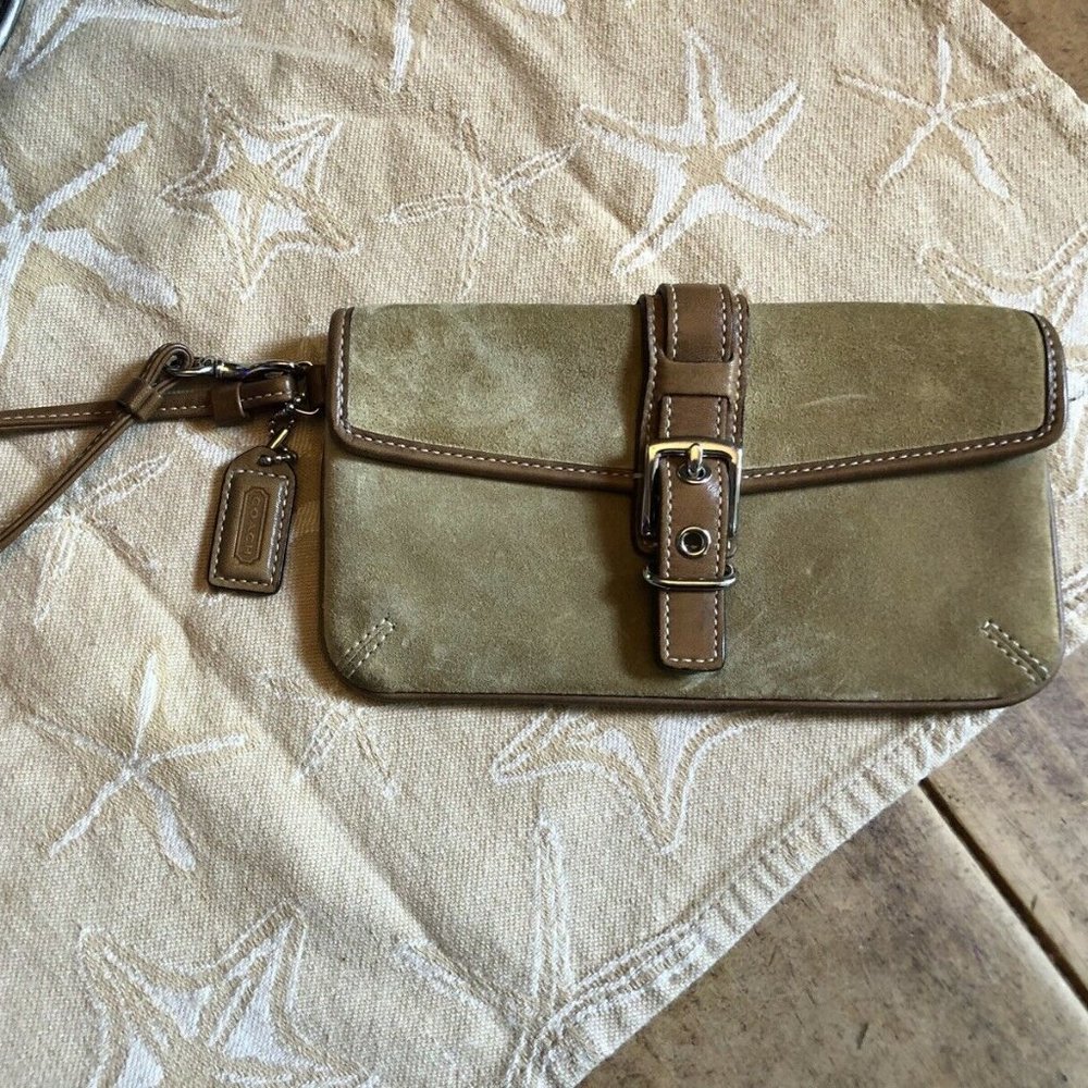 Coach Brown Suede Buckle Wristlet Clutch Bag